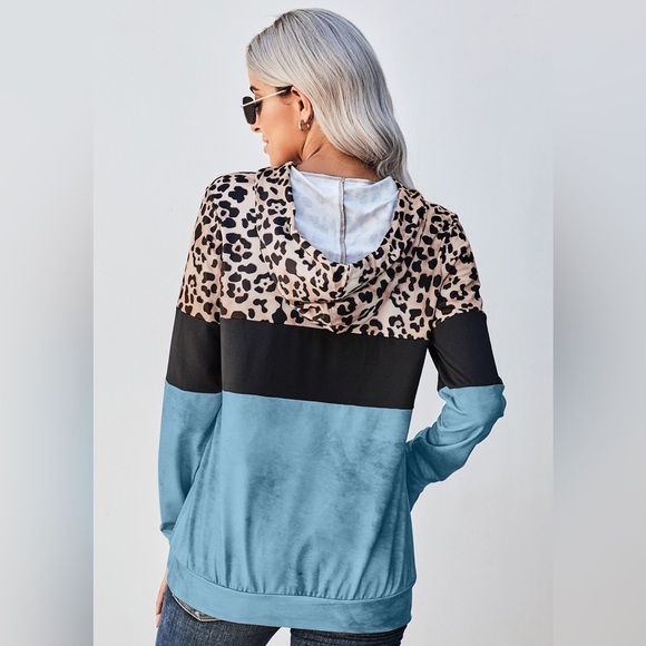 Leopard Print Hoodie - Contrast Color Block - Drawstring - Kangaroo Pockets - Picture 4 of 4